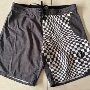 Men's Black Checkered Board Shorts with Yin-Yang Patch